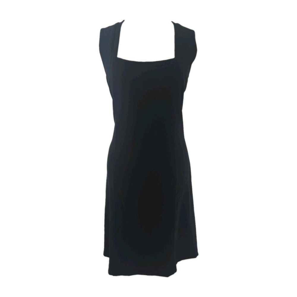 Boston Proper  M Black Stretch Knit Ribbed Nylon Sheath Dress Square Neckline‎